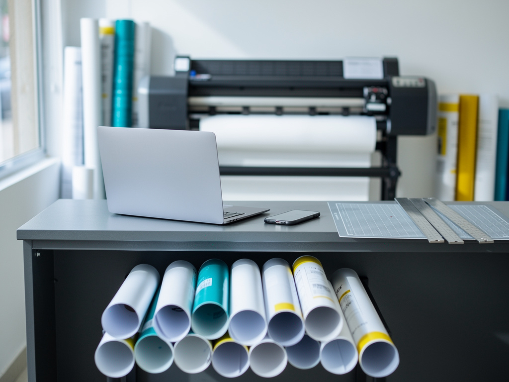 The front service counter with a laptop, a phone and a few rolled prints waiting for pickup, the plotter softly blurred 