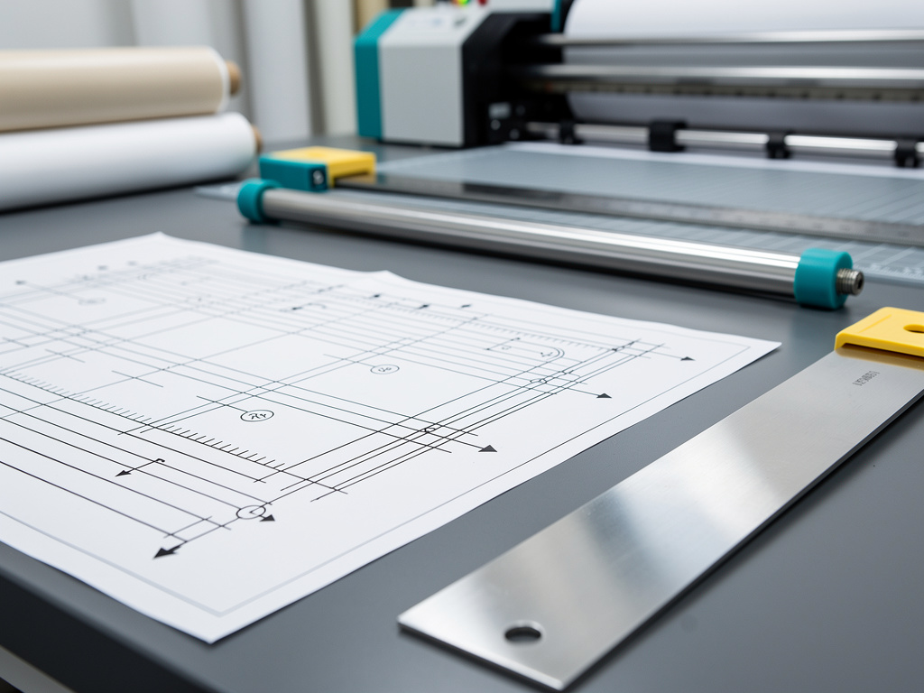 Close-up of fine black linework and dimension marks on a freshly plotted engineering sheet beside a steel ruler.