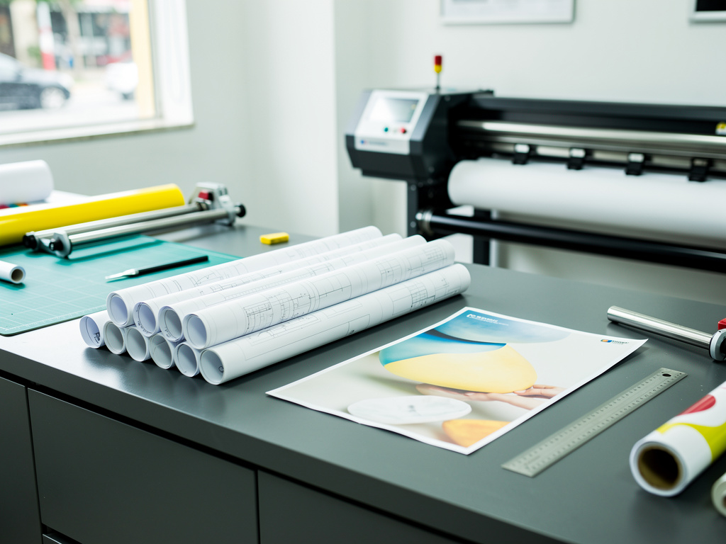A neat stack of rolled technical drawings next to a single folded poster on the counter.