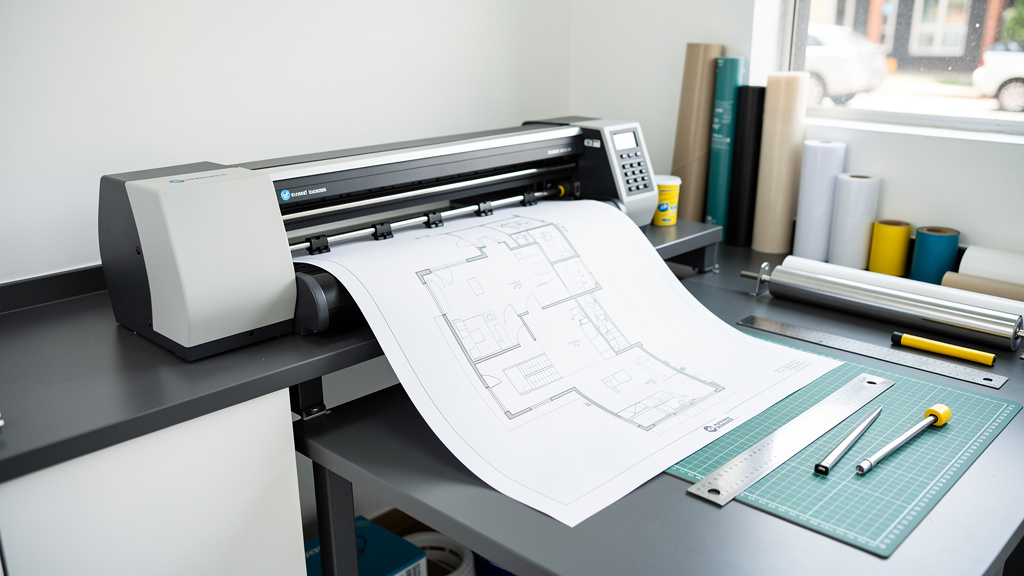 A large-format plotter printing a blueprint-style architectural sheet onto white paper, with the sheet curling gently ov