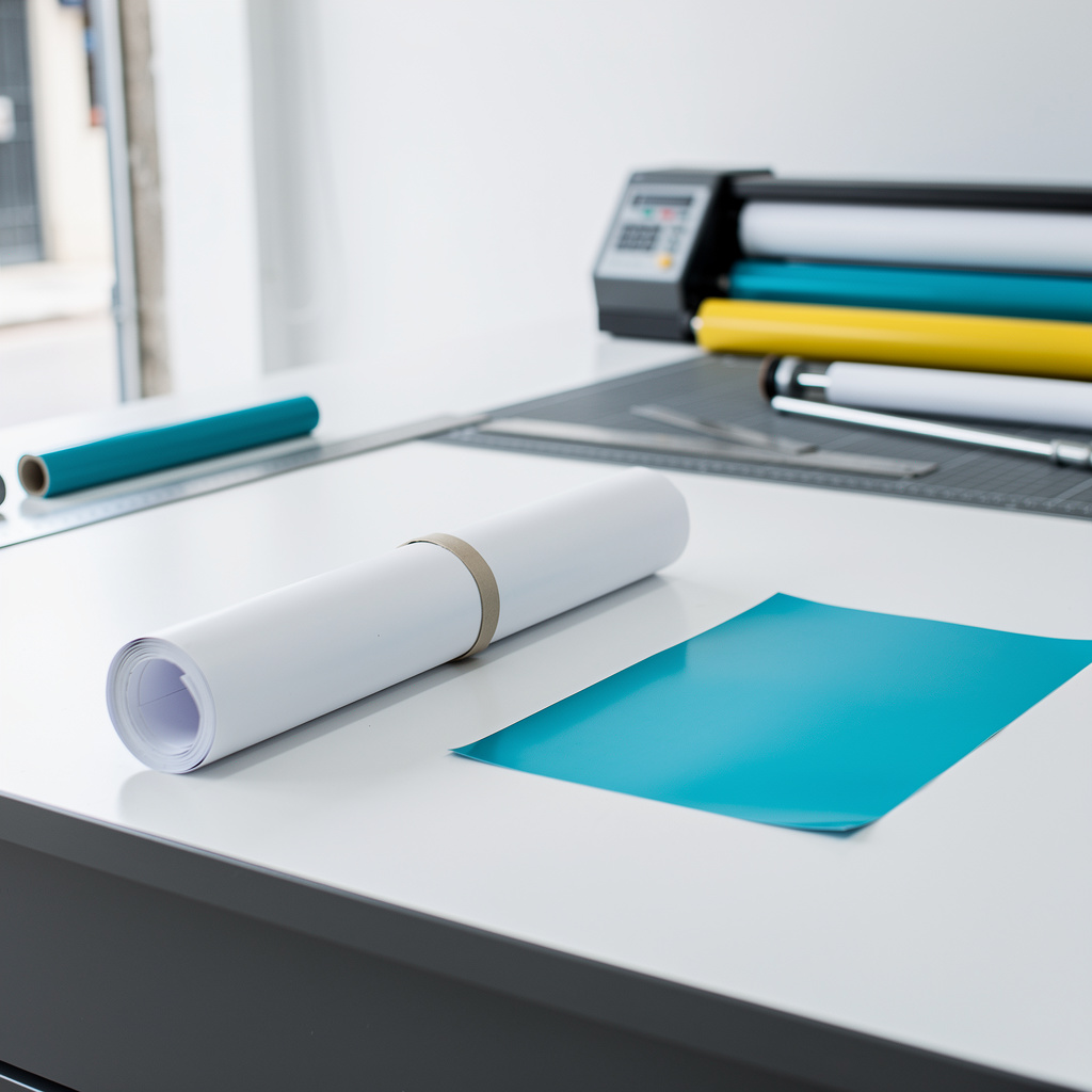 A rolled wide-format print tied with a plain band, resting on a clean white surface next to a small sheet of cut cyan vi