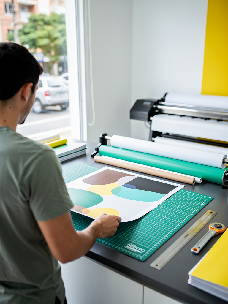 A team member seen from behind at the graphite counter, aligning a large printed sheet on a gridded cutting mat, face ou